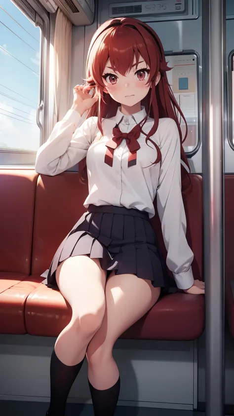 High school girl crossing legs in train seat　school  uniform　mini-skirts　Hi-Res　1girl in　Cute anime illustration