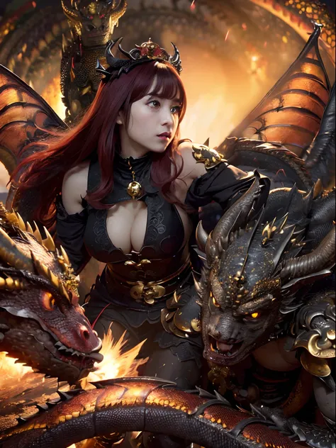 (The Ultimate Beauty Face), Professional , ​masterpiece、top-quality、photos realistic , depth of fields （Gemstone Black Metal Body:1.4),(Matte Black、（cleavage of the breast）、Dragon Gold Weapon,Mystical expression、Particles of light、((((Fight dragons)))、（Dra...