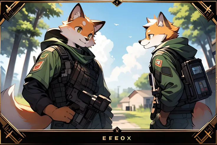 Frame of trading card, UI markings in the upper-right and lower-left corners of the gameplay style card.dark green tone. A 14-year-old orange-haired little fox and a white-haired scout crouch behind a tree，Aim the sniper rifle at distant targets. He wore a...