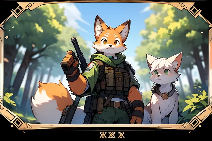 Frame of trading card, UI markings in the upper-right and lower-left corners of the gameplay style card.dark green tone. A 14-year-old orange-haired little fox and a white-haired scout crouch behind a tree，Aim the sniper rifle at distant targets. He wore a...