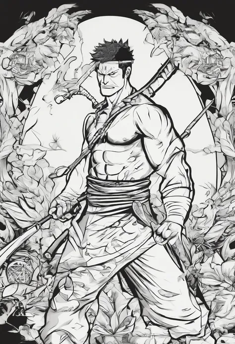 Design a gripping poster featuring zoro from "One Piece" in a fit of rage. Capture the essence of his burning determination and unyielding spirit as he unleashes his wrath upon his enemies. Keep it short, bold, and intense to convey the raw power of zoros ...