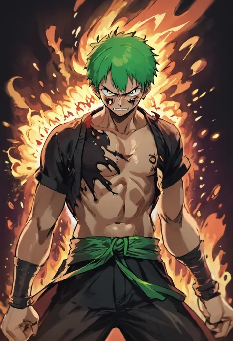 Design a gripping poster featuring zoro from "One Piece" in a fit of rage. Capture the essence of his burning determination and unyielding spirit as he unleashes his wrath upon his enemies. Keep it short, bold, and intense to convey the raw power of zoros ...