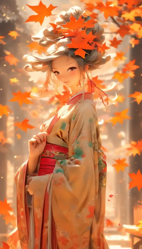 Chinese ink style，Smudge，Fairy Lady，Flowing and chic，Wide robe，Full body like，maple leaves，ventania，8K，（（super-fine）），Hyper-realistic，（（（OC renderer）））