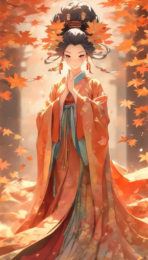 Chinese ink style，Smudge，Fairy Lady，Flowing and chic，Wide robe，Full body like，maple leaves，ventania，8K，（（super-fine）），Hyper-realistic，（（（OC renderer）））