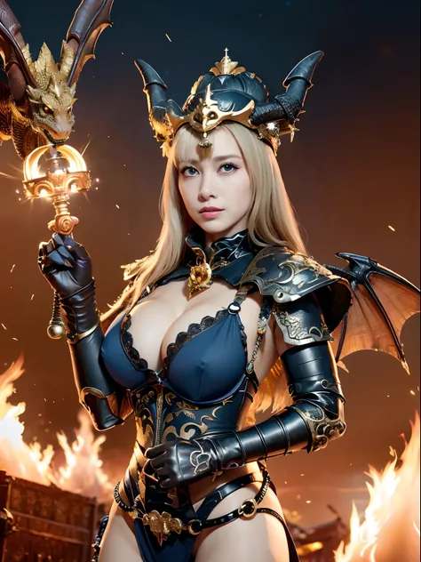 Professional , ​masterpiece、top-quality、photos realistic , depth of fields 、（Dragon Black Metal Body:1.９),(Matte Blue Black、(Night World)、（cleavage of the breast）、Dragon Gold Weapon、（Micro Bikini Armor:1.４),Gorgeous gold weapons ,（Fight dragons）、Seductive ...