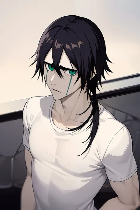 masterpiece, best quality, high quality, 1boy, solo, male focus, closed mouth, looking at viewer, upper body, (tshirt),ulquiorra...