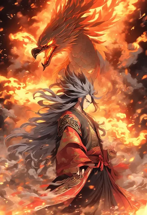 China-style，中景 the scene is，The Taoist priest stood in front of the huge fire phoenix，Stretch your hands，Long messy hair，Glow effects，Hyper-realistic，Ultra photo realsisim，Chinese black and white ink style，Silver，Decolorization，Smudge，ink，8K，super-fine，hig...