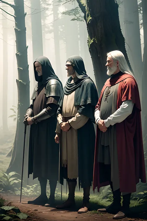 three medieval knights ghosts older men standing in an forest with fog