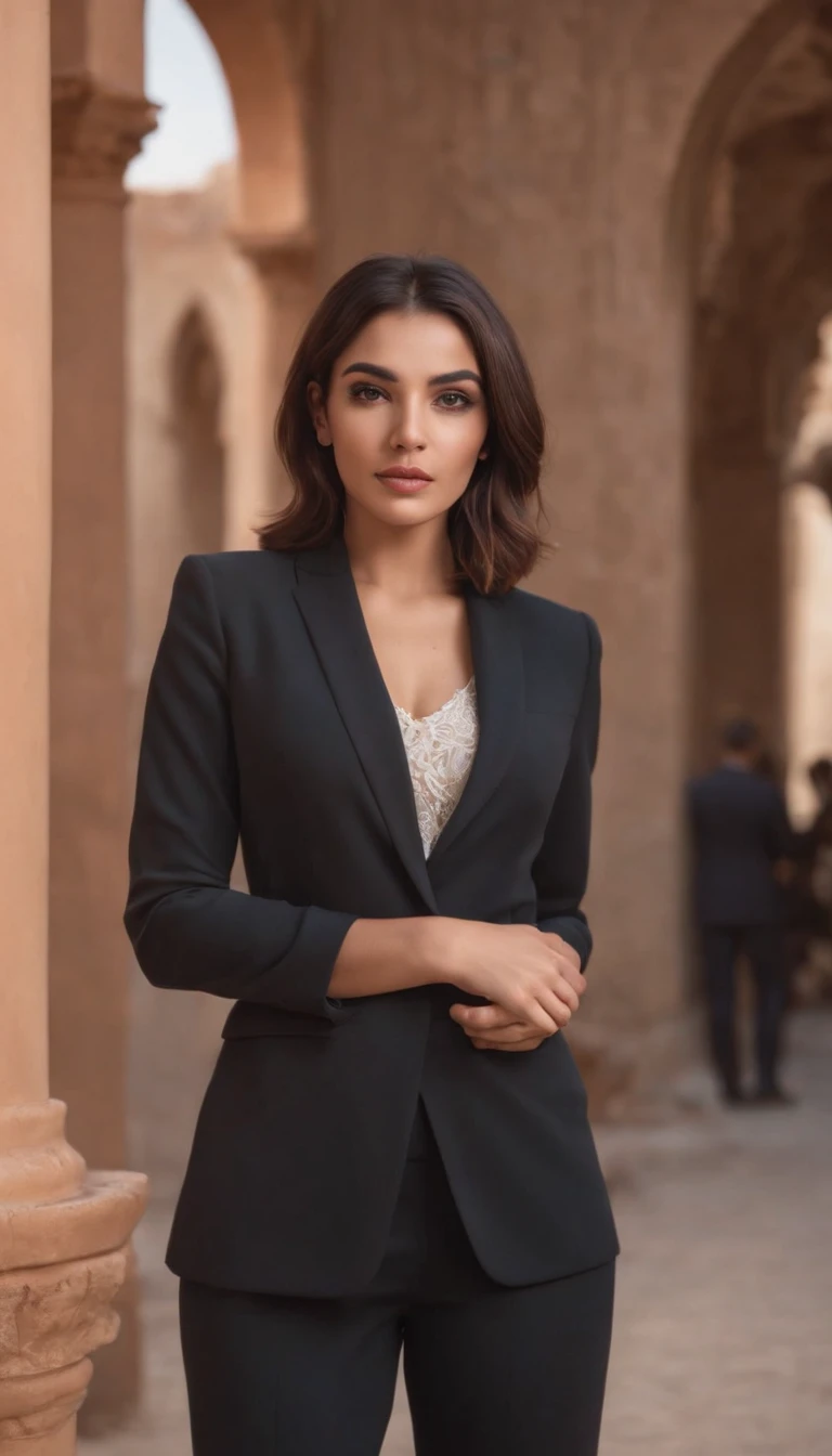 Beautiful Moroccan Arab woman stands 1.3, Elegant brunette bob haircut, Wear a tailor-made suit 1.2, tights, detailed face and eyes, Perfect toned body, Thighs and legs are perfect,