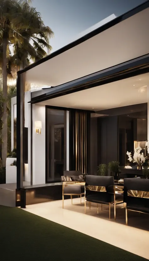 hollywood glam exterior design, black and white room, kitchen, small details in gold, modern house, Natural Lighting, Incandescent lamps, Optical Fiber, Capricious Lighting, Ray Tracing Reflections, --ar 9:16 --v 5.2