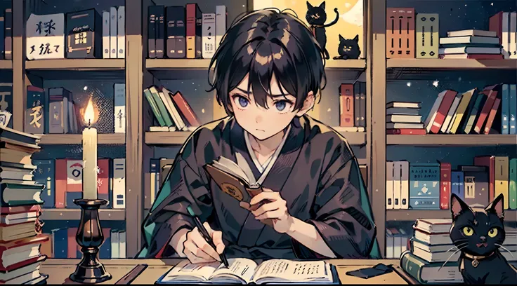 #night sky (darkness of night,no light),
#one writing boy (16 male、writer,Honor Students、A dark-haired、short-hair、hakama,sit flat),
#black room at night (no light,black cat,books on desk,one candle,pretty tatami,a lot of books,bookshelf)