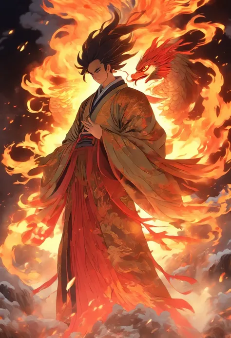 China-style，中景 the scene is，The Taoist priest stood in front of the huge winged fire phoenix，Stretch your hands，Long messy hair，Glow effects，Hyper-realistic，Ultra photo realsisim，Chinese black and white ink style，Silver，Decolorization，Smudge，ink，8K，super-f...