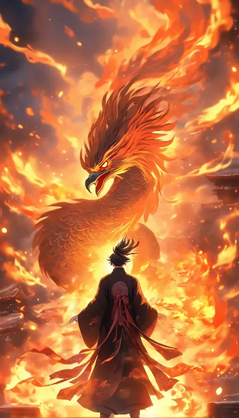 China-style，中景 the scene is，The Taoist priest stood in front of the huge fire phoenix，Stretch your hands，Long messy hair，Glow effects，Hyper-realistic，Ultra photo realsisim，Chinese black and white ink style，Silver，Decolorization，Smudge，ink，8K，super-fine，hig...