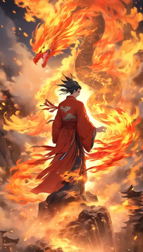 China-style，中景 the scene is，The Taoist priest stood in front of the huge fire phoenix，Stretch your hands，Long messy hair，Glow effects，Hyper-realistic，Ultra photo realsisim，Chinese black and white ink style，Silver，Decolorization，Smudge，ink，8K，super-fine，hig...