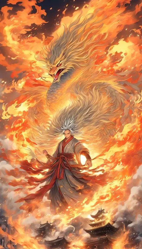 China-style，中景 the scene is，The Taoist priest stood in front of the huge fire-winged phoenix，Stretch your hands，Long messy hair，Glow effects，Hyper-realistic，Ultra photo realsisim，Chinese black and white ink style，Silver，Decolorization，Smudge，ink，8K，super-f...