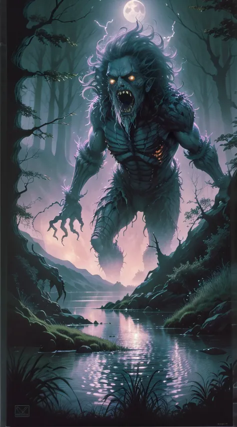 80's horror movie poster featuring a monster in a dynamic pose, focus on joints, edge of forest with lake visable, scary, moonli...