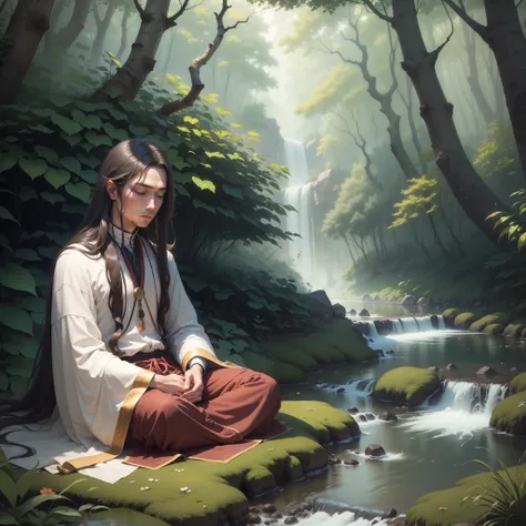 Imagine a man with large, straight hair in a state of deep meditation in a forest next to a little river. He is at peace and seeks a contact with deep nature. --auto --s2