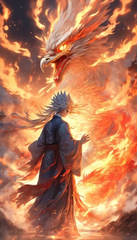 China-style，中景 the scene is，The Taoist priest stood in front of the huge fire-winged phoenix，Stretch your hands，Long messy hair，Glow effects，Hyper-realistic，Ultra photo realsisim，Chinese black and white ink style，Silver，Decolorization，Smudge，ink，8K，super-f...