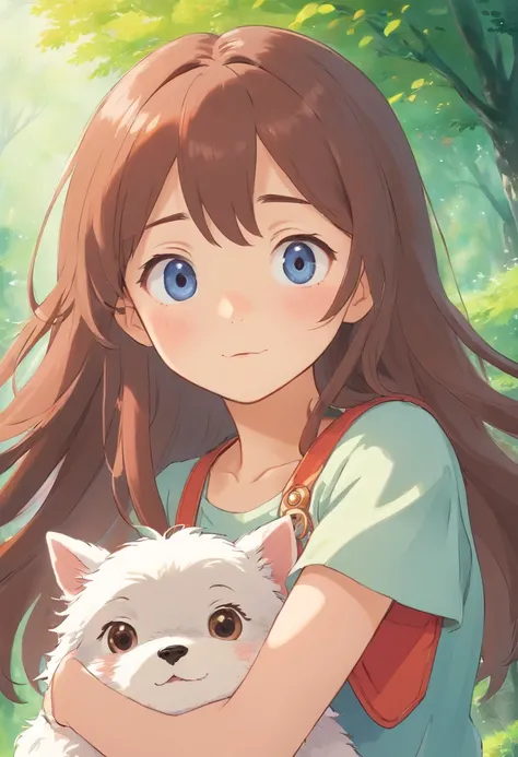 a super cute little  3-years girl with large, sparkling eyes and long hair alongside a small, fluffy puppy. Their expressions should be joyful and heartwarming, creating a sense of comfort and joy for anyone who sees it. Please use a soft and pastel color ...