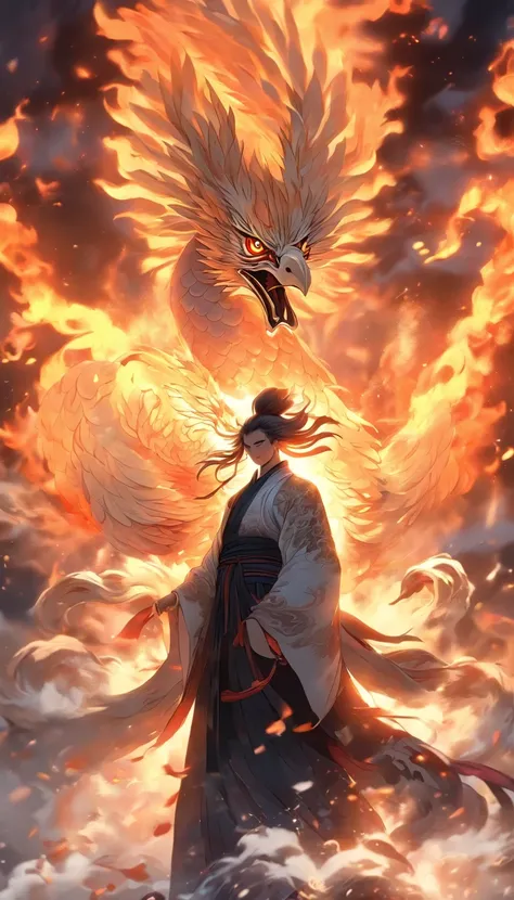 China-style，中景 the scene is，The Taoist priest stood in front of the huge fire-winged phoenix，Stretch your hands，Long messy hair，Glow effects，Hyper-realistic，Ultra photo realsisim，Chinese black and white ink style，Silver，Decolorization，Smudge，ink，8K，super-f...