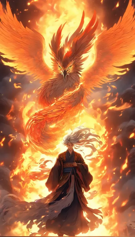 China-style，中景 the scene is，The Taoist priest stood in front of the huge fire-winged phoenix，Stretch your hands，Long messy hair，Glow effects，Hyper-realistic，Ultra photo realsisim，Chinese black and white ink style，Silver，Decolorization，Smudge，ink，8K，super-f...