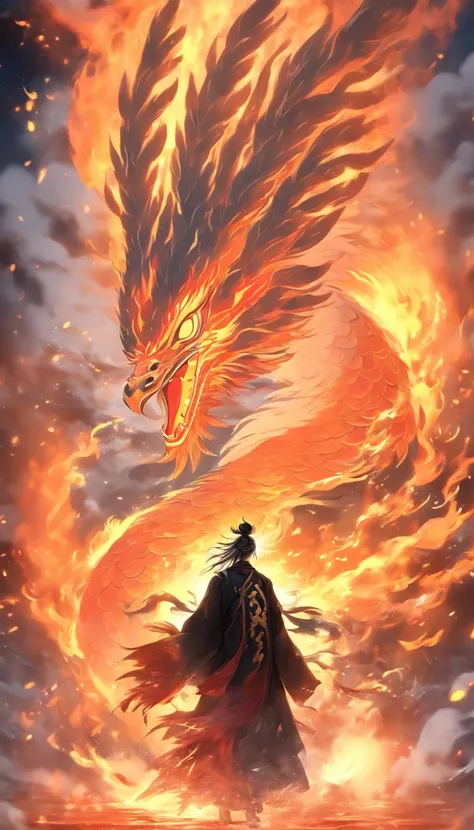 China-style，中景 the scene is，The Taoist priest stood in front of the huge fire-winged phoenix，Stretch your hands，Long messy hair，Glow effects，Hyper-realistic，Ultra photo realsisim，Chinese black and white ink style，Silver，Decolorization，Smudge，ink，8K，super-f...