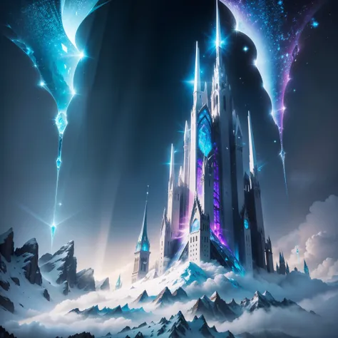 A beautiful city situated on a snowy mountain, Broken Glass effect, no background, stunning, something that even doesnt exist, mythical being, energy, molecular, textures, iridescent and luminescent scales, breathtaking beauty, pure perfection, divine pres...