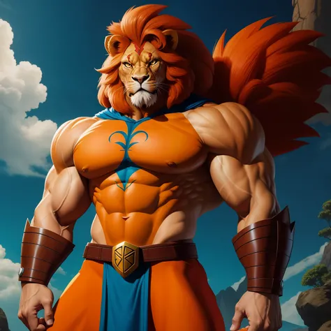 Lion-o, personagem de Thundercats, vestido com a roupa do personagem he-man, em um gramado, olhar fixo