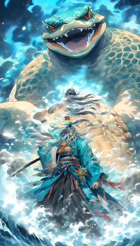 China-style，中景 the scene is，The Taoist priest stood in front of the giant roaring water turtle，blue colors，Stretch your hands，Long messy hair，Glow effects，Hyper-realistic，Ultra photo realsisim，Chinese black and white ink style，Silver，Decolorization，Smudge，...