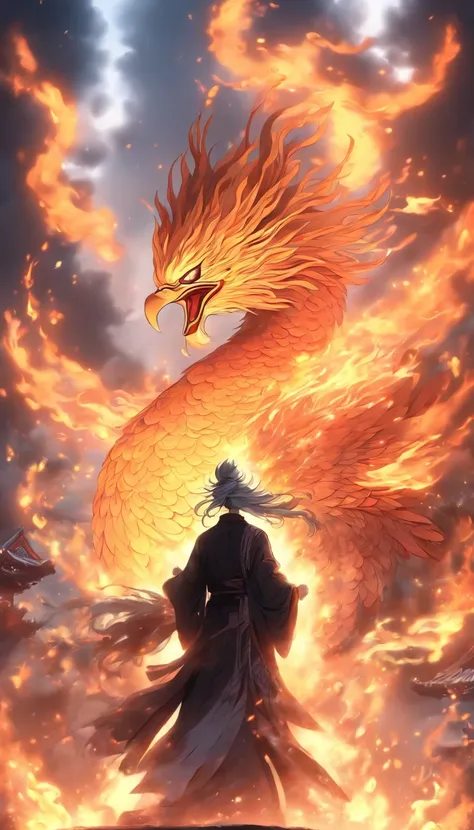 China-style，中景 the scene is，The Taoist priest stood in front of the huge fire-winged phoenix，Stretch your hands，Long messy hair，Glow effects，Hyper-realistic，Ultra photo realsisim，Chinese black and white ink style，Silver，Decolorization，Smudge，ink，8K，super-f...