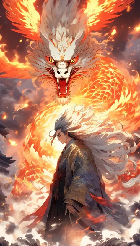 China-style，中景 the scene is，The Taoist priest stood in front of the huge fire-winged phoenix，Stretch your hands，Long messy hair，Glow effects，Hyper-realistic，Ultra photo realsisim，Chinese black and white ink style，Silver，Decolorization，Smudge，ink，8K，super-f...