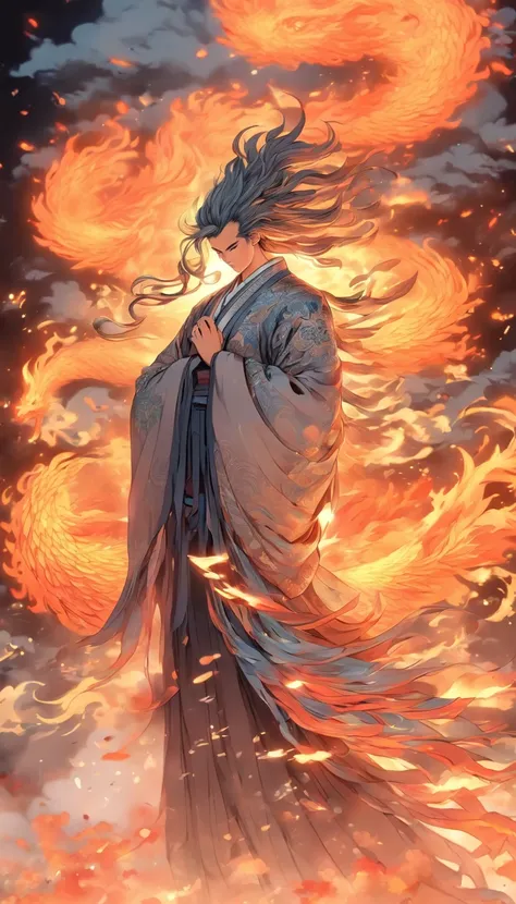 China-style，中景 the scene is，The Taoist priest stood in front of the huge fire-winged phoenix，Stretch your hands，Long messy hair，Glow effects，Hyper-realistic，Ultra photo realsisim，Chinese black and white ink style，Silver，Decolorization，Smudge，ink，8K，super-f...