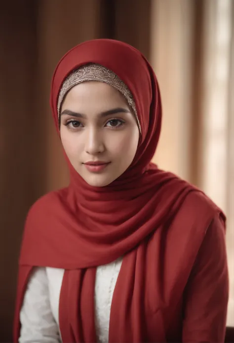 Photo portrait of a beautiful Bandung girl wearing a hijab and dimples, around 17 years old, (plain red hijab), (portrait medium shot:1.3), dramatic light, Rembrandt lighting scheme, (hyperrealism:1.2), (8K UHD: 1.2), ( photorealistic:1.2), shot with Canon...