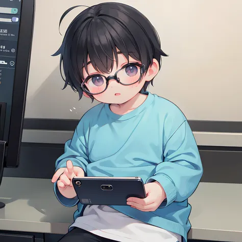 Little chubby, little boy, simple, glasses, cute, looking at mobile phones, inch, sense of technology