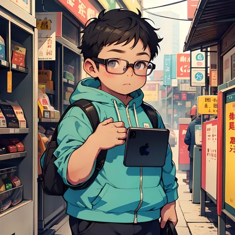 Little chubby, little boy, simple, glasses, cute, looking at mobile phones, inch, sense of technology。