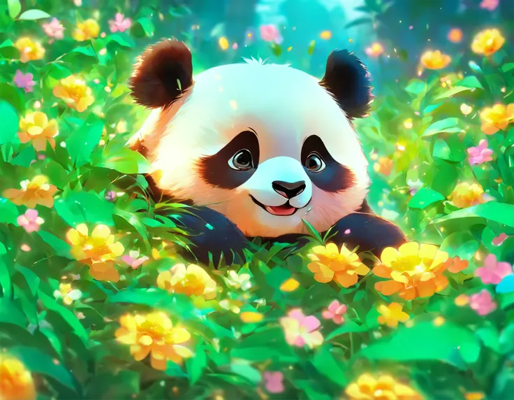 Cute panda, lying on flowers，has large eyes，blusher，supine，greet，higly detailed