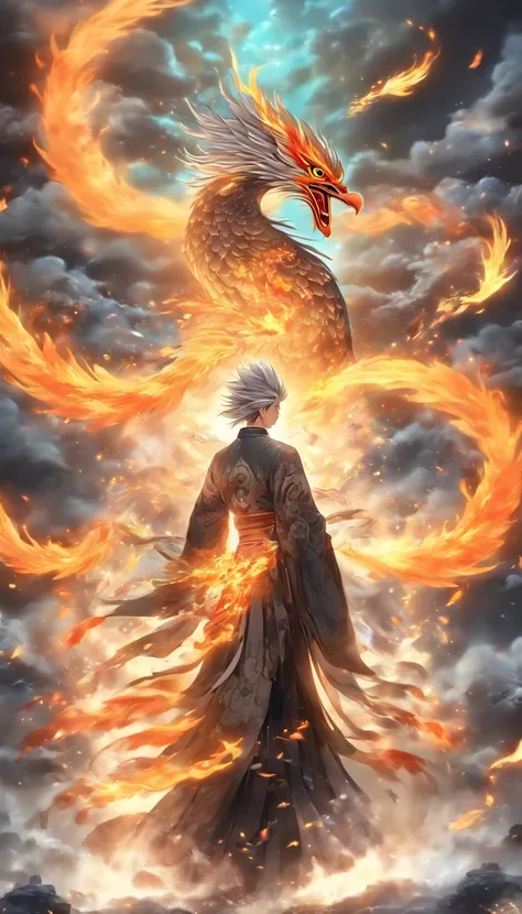 China-style，中景 the scene is，The Taoist priest stood in front of the huge firebird with its wings spread，Stretch your hands，Long messy hair，Glow effects，Hyper-realistic，Ultra photo realsisim，Chinese black and white ink style，Silver，Decolorization，Smudge，ink...