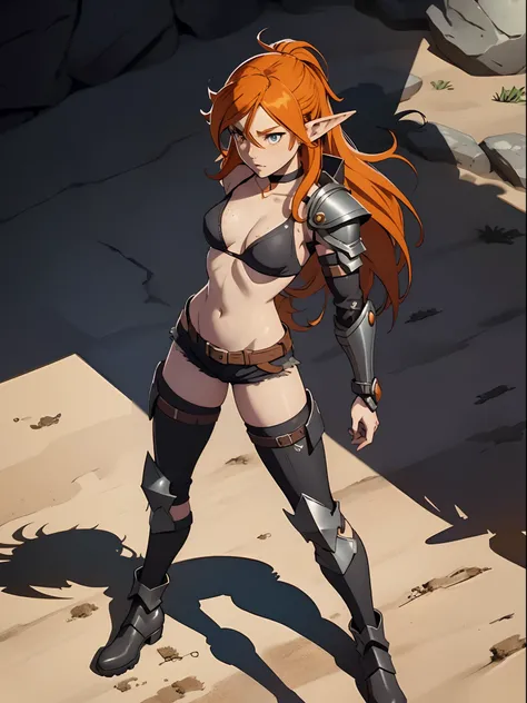 small breasts, bikini top, shorts, long hair, orange hair, elf, choker, goth boots, armor, freckles, anime style, (dynamic shadow:1.4)