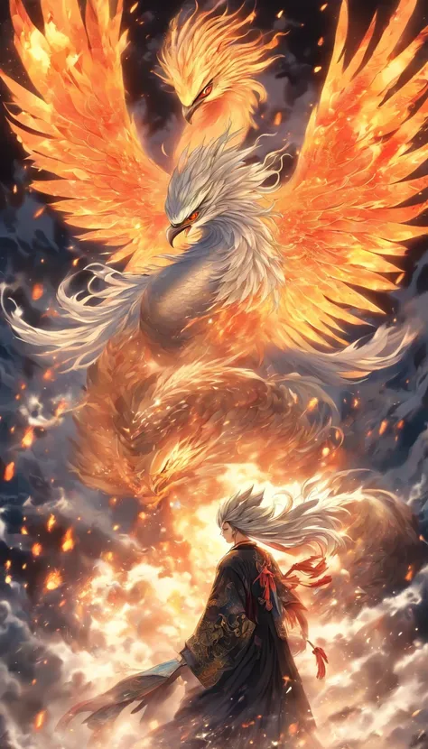 China-style，中景 the scene is，The Taoist priest stood in front of the huge firebird with spread wings，Stretch your hands，Long messy hair，Glow effects，Hyper-realistic，Ultra photo realsisim，Chinese black and white ink style，Silver，Decolorization，Smudge，ink，8K，...