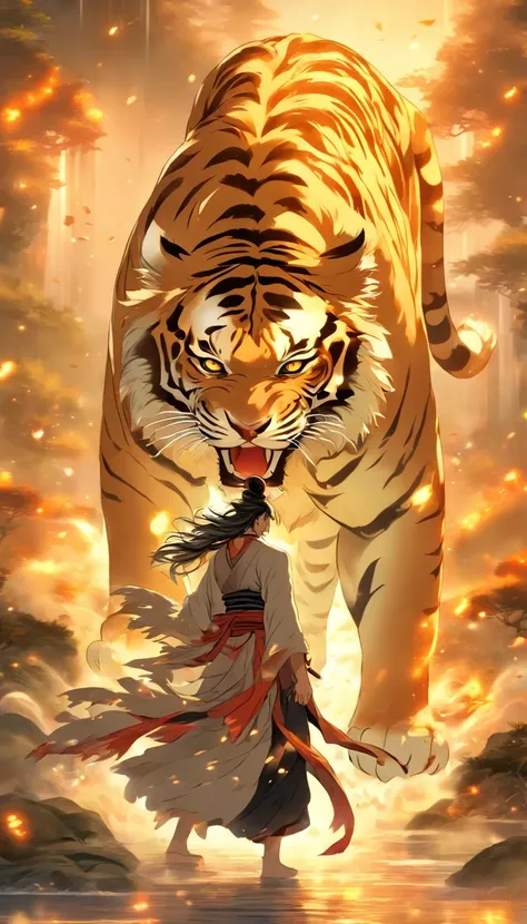 China-style，中景 the scene is，The Taoist priest stood in front of the roaring giant white tiger，Stretch your hands，Long messy hair，Glow effects，Hyper-realistic，Ultra photo realsisim，Chinese black and white ink style，Silver，Decolorization，Smudge，ink，8K，super-...