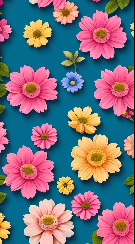 fundo floral 3d, realista, cores vibrantes, tons de rosa e azul envelhecidos --auto