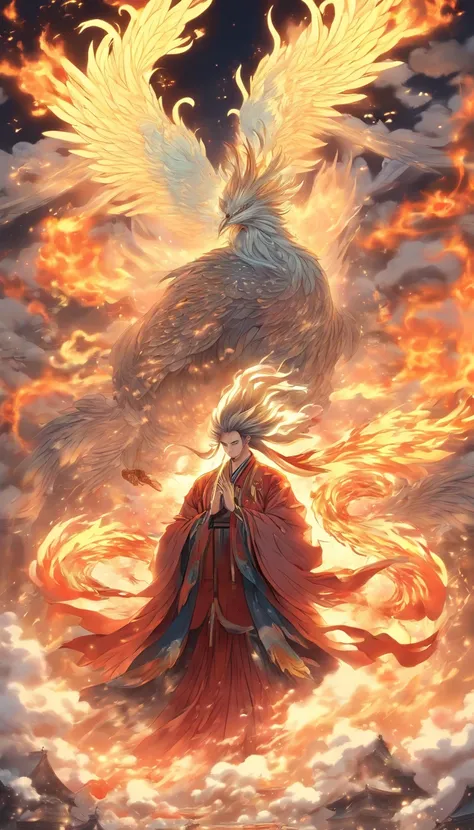 China-style，中景 the scene is，The Taoist priest stood in front of the huge firebird with spread wings，Stretch your hands，Long messy hair，Glow effects，Hyper-realistic，Ultra photo realsisim，Chinese black and white ink style，Silver，Decolorization，Smudge，ink，8K，...