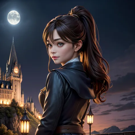 Kristin Kreuk avec Harry Potter (Daniel Radcliffe) devant le chateau de Hogwarts. Elle a de longs cheveux bruns. ponytail. Nuit de pleine lune, Hogwarts Castle in the background. Illuminated by moonlight and lamps in the city. Chef doeuvre. golden ratio. h...