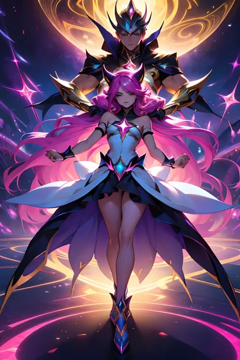 A group of 3 magical girl villains, Corrupted Star Guardians Style (star guardian syndra prestige style) com cabelos de cores vibrantes e roupas pretas, Golden and holographic in a neon maze in the background, detailed hands, poses dinamicas, jovens sexy, ...