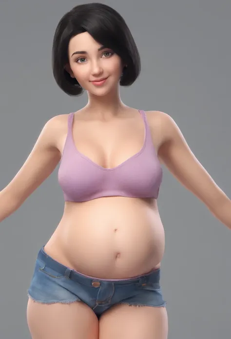 Little girl with short black hair, big breasts, pregnant, tomboy, 3d, 8k, ultra realistic, birth, full naked, baby in vagina