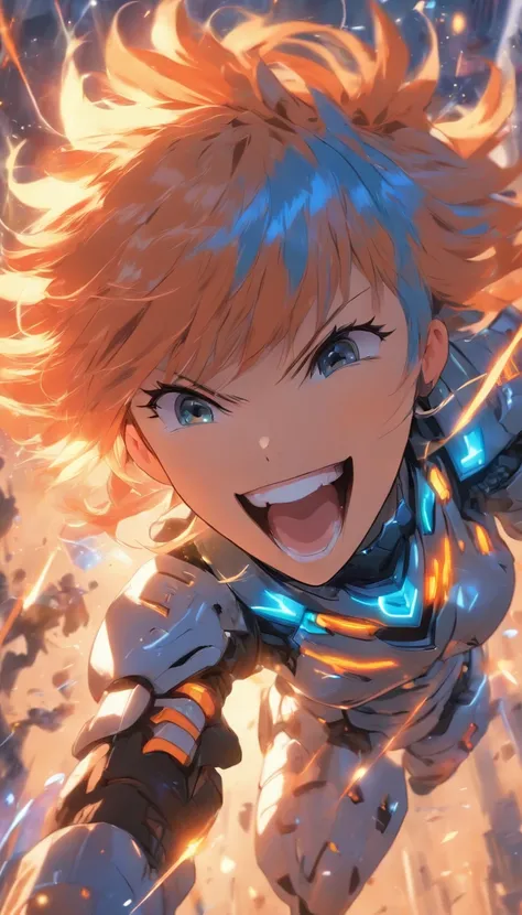 Masterpiece, Best quality, Gwendolyn_tennyson, Short orange hair, side swept bangs, Blue hairpins, Laughing, Blue body armor