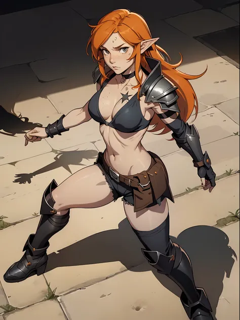 small breasts, bikini top, shorts, long hair, orange hair, elf, (mature face:1.4), choker, goth boots, armor, freckles, anime style, (dynamic shadow:1.4)