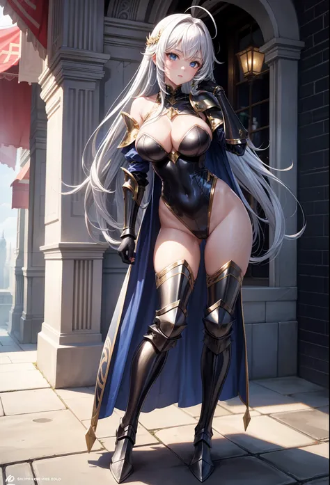 Woman knight、a beauty girl、huge tit、Excellent style、Nice Buddy、glamorous、leotard、s Armor、Armor shoulder rest、knee boots、gauntlets、silber hair、Longhaire、Ahoge、、full body seen