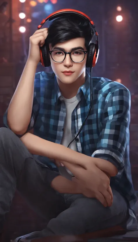 boy with round glasses and tall, wearing a blue check shirt, black hair, gaming, background with Discord website, headphones, vibrant colors, studio lighting