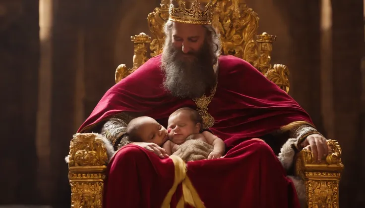 Wise Man, Barbado, elementos de fogo, with a crown and gold on his head, dentro de um castelo, sentado em um trono, Com uma estrela de Davi no peito, judeu e com um escudo dourado, Holding a child in your arms